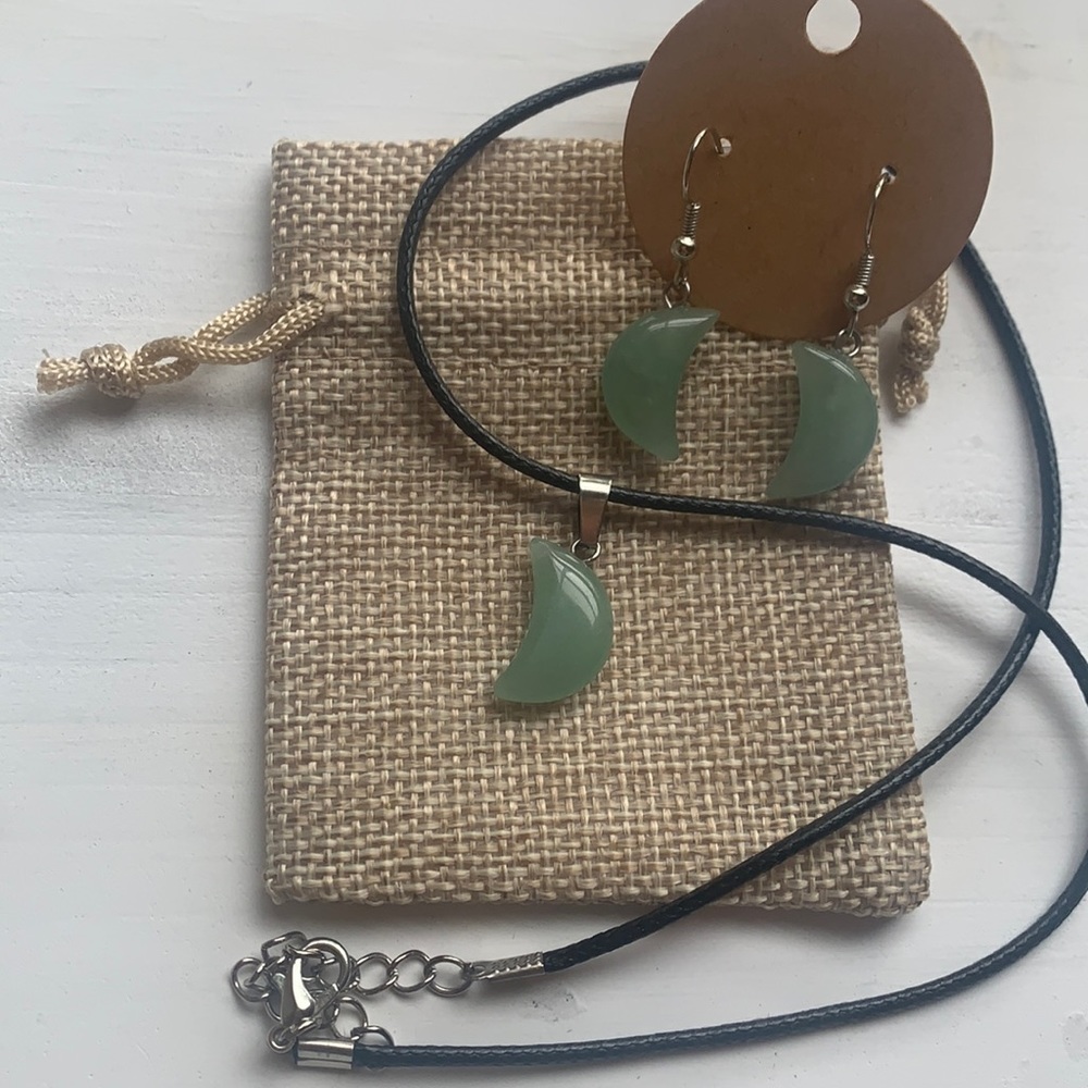 Green Aventurine Moon Necklace Green Aventurine Moon Earrings Matching Set